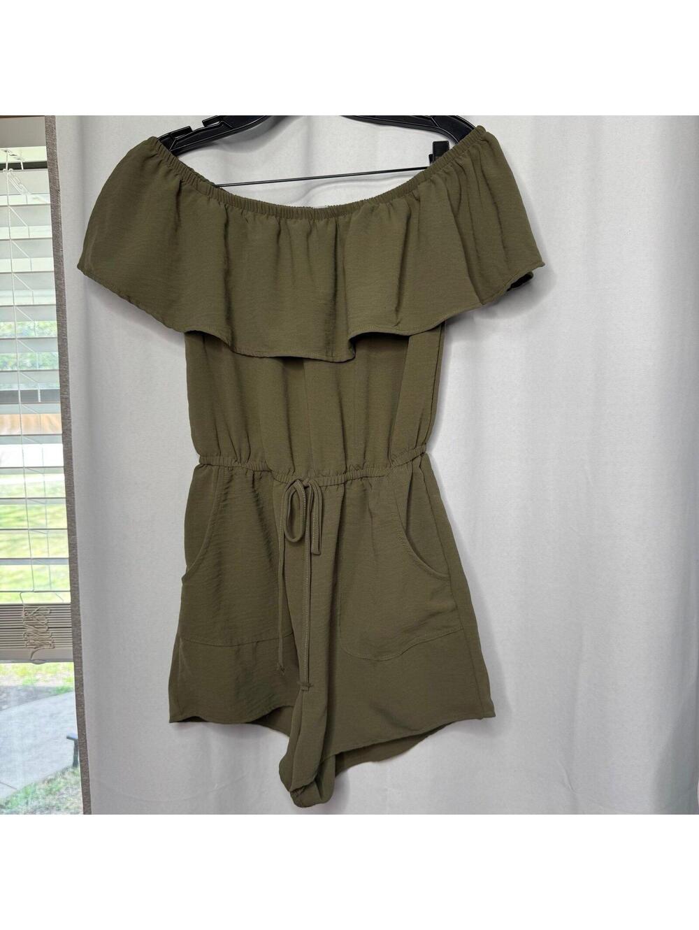 iris olive green, off-the-shoulder romper with pockets